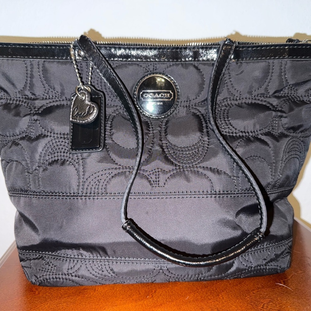 Coach Madison Quilted Nylon Tote Black Patent Trim with Two Hangtags